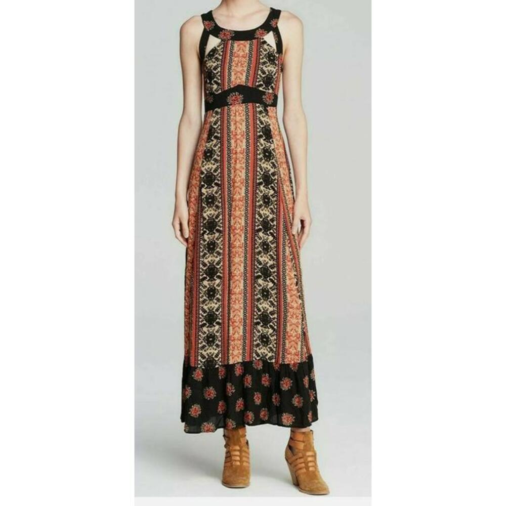 Free People "You Made My Day" Coal Combo Floral Boho Sz 10 Ladies Maxi Dress # C